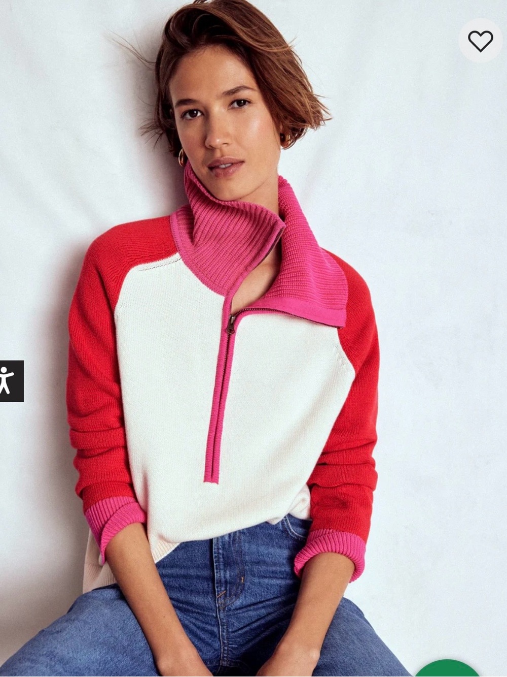 Boden Lucy Half Zip Sweater XL in Warm Red Ivory & Pink Color Block Knit Collar
